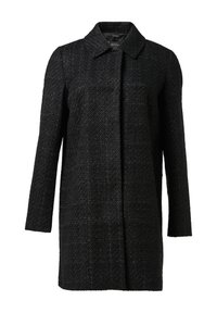 Black coat made of textured fabric, featuring a collar, long sleeves, and a straight cut. No visible fasteners or patterns.