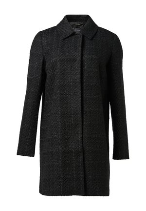 Manteau noir en tissu texturé, avec un col, des manches longues et une coupe droite. Sans fermetures ni motifs visibles.