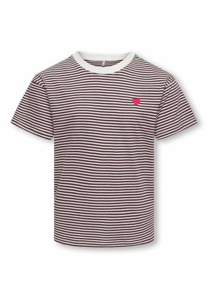 T-shirt à manches courtes avec fines rayures horizontales marron et blanches et un petit cœur rouge brodé sur la poitrine gauche.