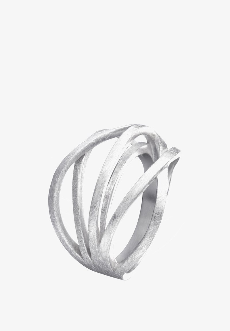 Bague en argent avec un design ouvert présentant plusieurs bandes courbes qui se croisent, créant une structure moderne et aérienne.