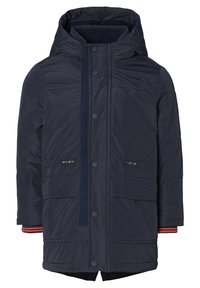 Veste matelassée bleu marine avec capuche, dotée d'une fermeture éclair et de boutons, de poches avant et d'accents rayés sur les poignets.