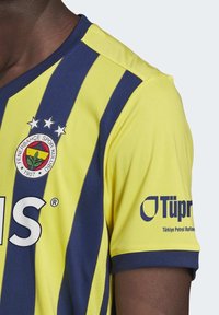 Keltainen ja laivastonsininen raidallinen jalkapallopaita pyöreällä kaula-aukolla, jossa on Fenerbahçe-logo ja sininen Tüpraş-sponsorilogo hihassa.