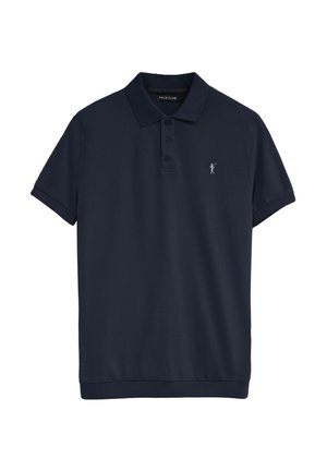 Polo de manga corta azul marino con tres botones, cuello acanalado y pequeño logotipo blanco de jugador de polo en el pecho izquierdo.