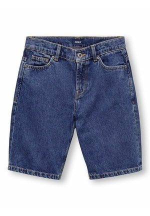 Szorty dżinsowe w średnim odcieniu niebieskiego o prostym kroju nogawki, wyposażone w przednie kieszenie, szlufki na pasek oraz zapięcie na guzik z przodu.