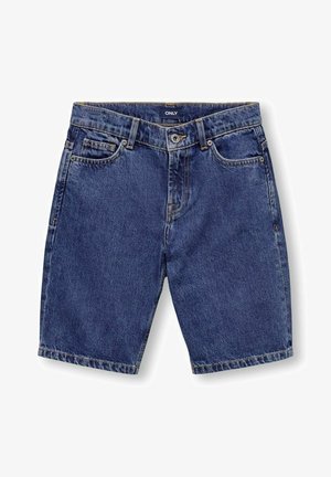 Szorty dżinsowe w średnim odcieniu niebieskiego o prostym kroju nogawki, wyposażone w przednie kieszenie, szlufki na pasek oraz zapięcie na guzik z przodu.