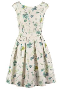 Vaaleankermanvärinen A-linjainen mekko, jossa on vihreitä ja keltaisia kukkia, pyöreä pääntie ja lyhyet hihat; mekossa on laskostettu hame.