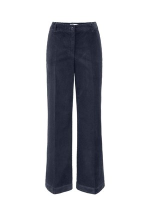 Pantaloni in corduroy di un blu scuro, con design a gamba dritta, chiusura con bottone e righe testurizzate su tutta la stoffa.