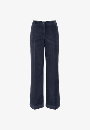 Pantaloni in corduroy di un blu scuro, con design a gamba dritta, chiusura con bottone e righe testurizzate su tutta la stoffa.