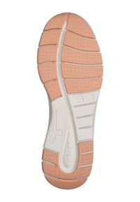 Suela de zapato en goma blanca y durazno claro, con un patrón de suela que presenta agarres circulares y ranuras para tracción; con marca grabada.