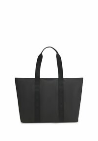 Black rectangular tote bag with two long handles featuring subtle embossed "HUGO" text and small "HUGO" logo on the front center.