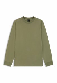 Olive green long-sleeve crewneck shirt made of smooth cotton fabric with ribbed cuffs and neckline, featuring minimalist design and no graphics.