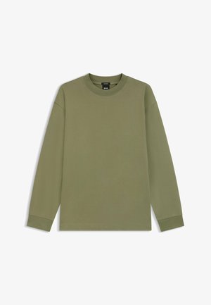 Olive green long-sleeve crewneck shirt made of smooth cotton fabric with ribbed cuffs and neckline, featuring minimalist design and no graphics.