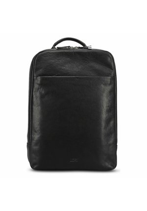 Schwarzer rechteckiger Lederrucksack mit einem oberen Griff, vorderer Reißverschlusstasche und glatter, leicht strukturierter Oberfläche.