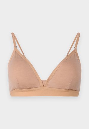 Light brown bra with a triangular cup design, adjustable straps, and a soft fabric finish. Features a wide band at the bottom.