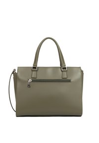 Sac à main vert olive avec double anses et une bandoulière amovible, doté d'une poche zippée à l'avant et d'un design moderne et épuré.
