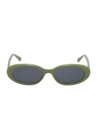 Grüne, oval geformte Sonnenbrille mit dunkel getönten Gläsern und einem glatten Kunststoffrahmen.