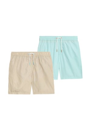 Twee paar zwembroeken: één effen lichtblauw, de ander beige met verticale strepen. Beide hebben elastische taillebanden en koordsluitingen.