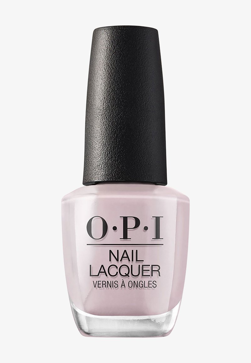 Bouteille de vernis à ongles OPI rose pâle avec un bouchon noir texturé et le nom de la marque imprimé sur le devant.