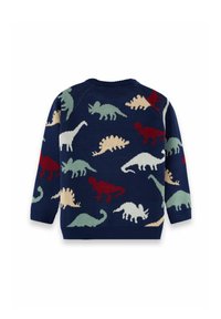 Dunkelblauer Kinderpullover mit bunten Dinosauriermustern, darunter Triceratops, Tyrannosaurus Rex, Stegosaurus und Brachiosaurus.