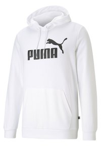 Hvid hættetrøje lavet af blødt stof, med et sort Puma-logo på brystet og en frontlomme i kengurustil. Omfatter hætte med snoretræk og ribbede manchetter.