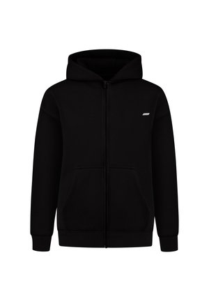 Felpa con zip nera realizzata in morbido tessuto, con un ampio cappuccio, tasche frontali e polsini a coste. Piccolo logo sull'area del petto.