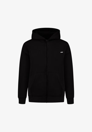 Black zip-up hoodie made of soft fabric, featuring a large hood, front pockets, and ribbed cuffs. Small logo on the chest area.