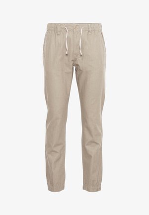 Pantalon beige décontracté avec taille élastique, fermeture par bouton, cordon, poches latérales et bas de jambes élastiqués aux chevilles.