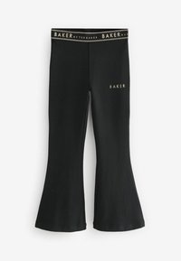 Czarne legginsy o szerokim kroju, wykonane z miękkiego materiału, z szerokim pasem w talii, na którym widnieje złote napisy "BAKER". Prosty design bez wzorów.