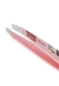 Rosa pincett med vinklad spets, blommönster och Disney-märke på sidan.