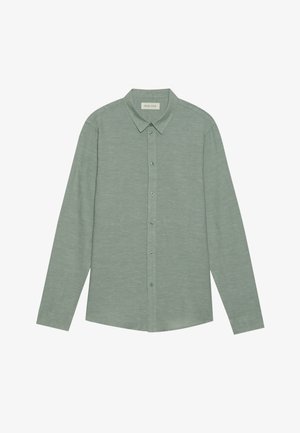 Camicia a maniche lunghe con bottoni in lino di colore verde chiaro, dotata di colletto a punta e bottoni coordinati, caratterizzata da una leggera trama.