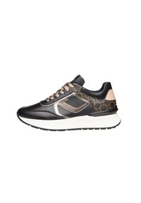 Sneaker in pelle nera con accenti bronzati, lato decorato e lacci testurizzati. Presenta una suola intermedia bianca e suola esterna in gomma nera.