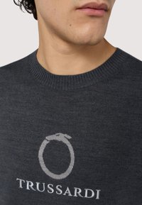 Mörkgrå stickad tröja med ribbad rund halsringning och en ljusgrå logotypdesign på framsidan som visar en orm och varumärkesnamnet.