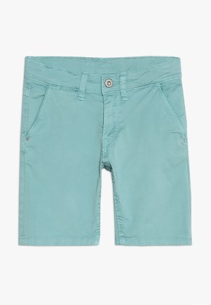 Jasnoniebieskie szorty do kolan z przednimi kieszeniami, szlufkami na pasek i zapięciem na metalowy guzik.