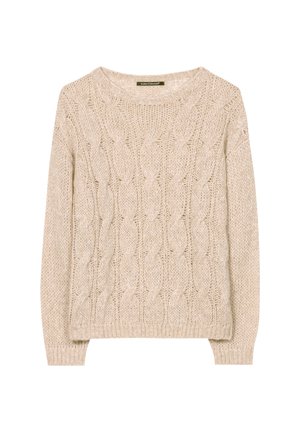 Beiger Strickpullover mit Zopfmuster, rundem Ausschnitt und langen Ärmeln. Hergestellt aus weicher, strukturierter Wolle. Klassische Passform mit gerippten Bündchen.