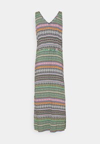 Mouwloze jurk met meerkleurige strepen en een V-hals. Gemaakt van lichtgewicht stof met verschillende patronen in groen, roze en zwart.