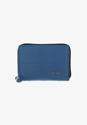 Portefeuille en cuir bleu avec finition texturée, fermeture éclair et logo embossé. Il présente une forme rectangulaire avec des détails de panneaux cousus.