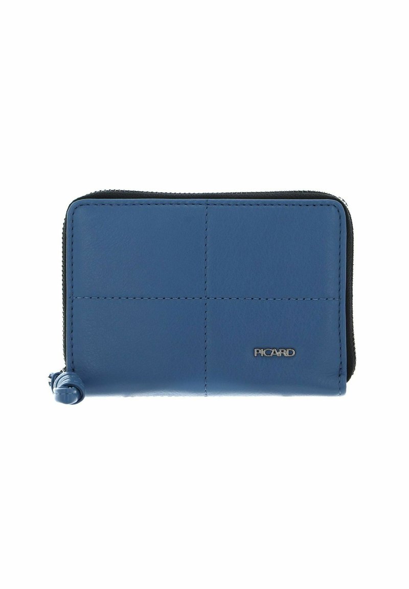 Portefeuille en cuir bleu avec finition texturée, fermeture éclair et logo embossé. Il présente une forme rectangulaire avec des détails de panneaux cousus.