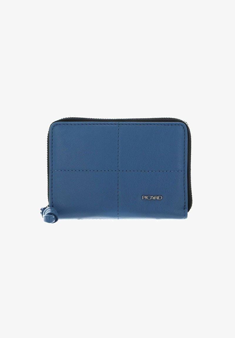 Portefeuille en cuir bleu avec finition texturée, fermeture éclair et logo embossé. Il présente une forme rectangulaire avec des détails de panneaux cousus.