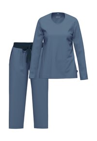 Sininen pitkähihaine paita ja siihen sopivat housut. Pehmeä kangas ja pyöreä kaula-aukko. Housuissa on tumma vyötärö ja solmupilkku. Yksinkertainen muotoilu.