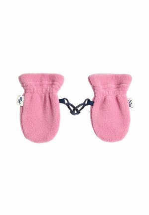 Fleece mittens in soft pink, with a gathered cuff design and connected by a black strap for easy storage. Brand label visible on one mitten.