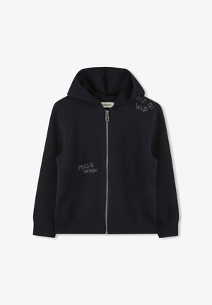 Zwarte zip-up hoodie met frontzakken, capuchon en geborduurde tekst "Zadig & Voltaire" op de borst en "Let's Go Wild" op de schouder.
