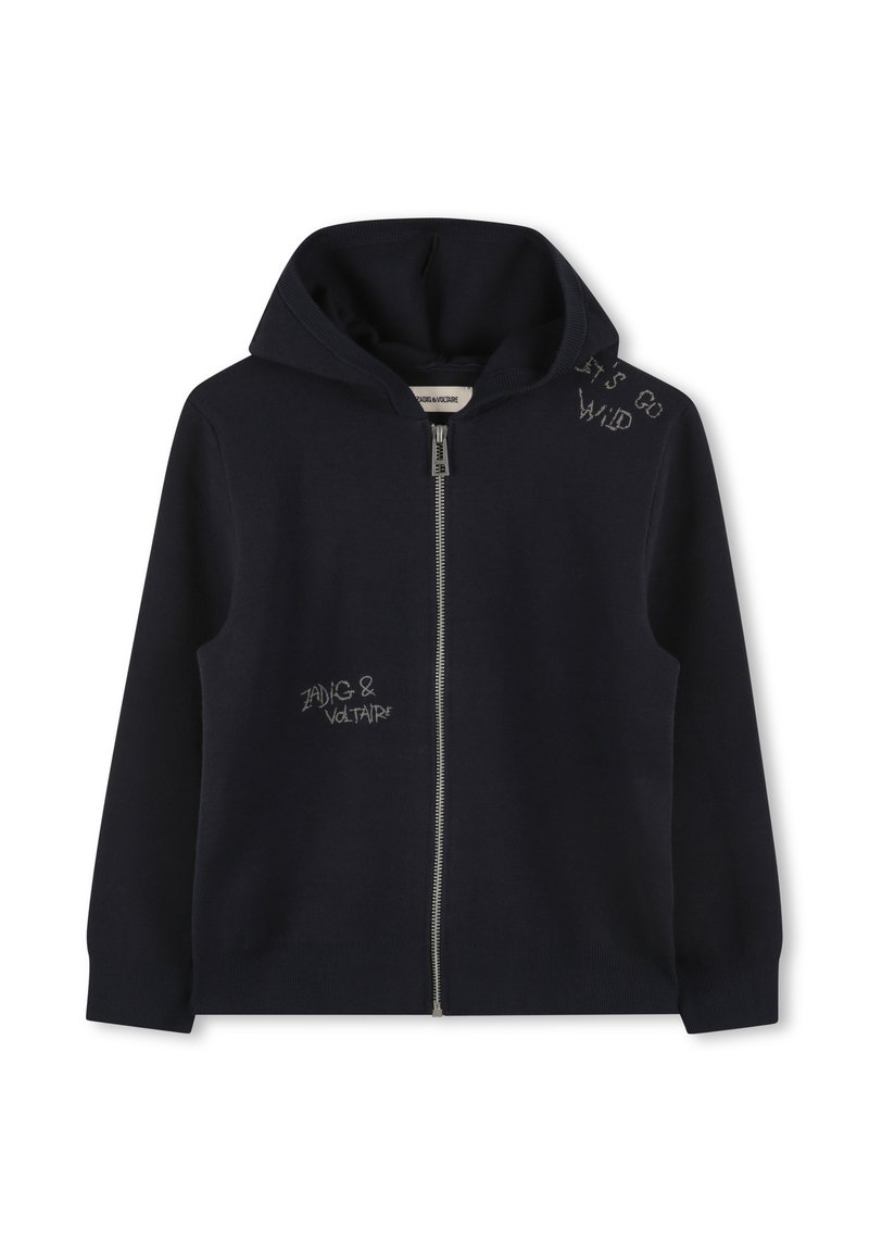 Haut de sweat à capuche noir zippé avec poches avant, capuche, et texte brodé "Zadig & Voltaire" sur la poitrine et "Let's Go Wild" sur l'épaule.