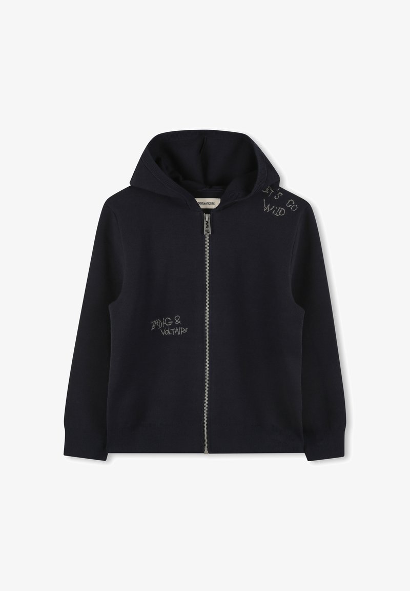 Haut de sweat à capuche noir zippé avec poches avant, capuche, et texte brodé "Zadig & Voltaire" sur la poitrine et "Let's Go Wild" sur l'épaule.