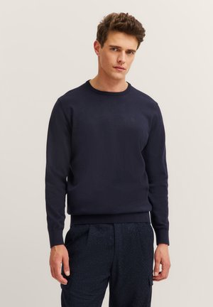 Junger Mann mit kurzen braunen Haaren, der einen marineblauen Rundhals-Pullover und dunkel gesprenkelte Hosen vor einem beigen Hintergrund trägt.