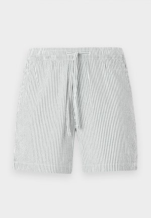 Prążkowane szorty kąpielowe w kolorze szarym i białym, z paskiem do regulacji w talii, średniej długości i wykonane z miękkiego, lekkiego materiału.