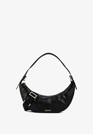 Sac à main en cuir noir en forme de croissant avec bandoulière réglable et ferrures dorées, marqué "Bogner" sur le devant au centre.