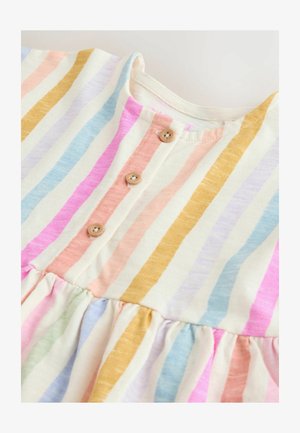 Dryžuota medvilnės suknelė su švelniomis spalvomis: rožinė, mėlyna, geltona ir žalia. Suknelė turi apvalų iškirpimą, trumpas rankoves ir medinius mygtukus.