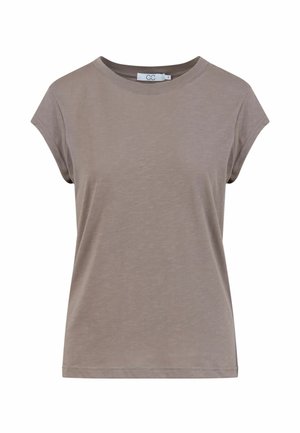 Taupekleurig dames-T-shirt met korte mouwen, ronde hals, een losse pasvorm en zonder zichtbare patronen of logo's.