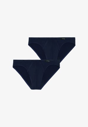 Dunkelblaue Baumwollslips mit glatter Textur, niedrigem Bund und kontrastierenden Nähten. Zweiteiliges Set zusammen präsentiert.