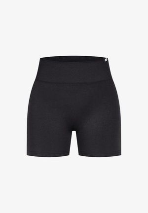 Zwarte sportieve shorts met een geribbelde tailleband, gemaakt van een soepele, rekbare stof, met een aansluitend ontwerp en een lengte tot halverwege de dij.